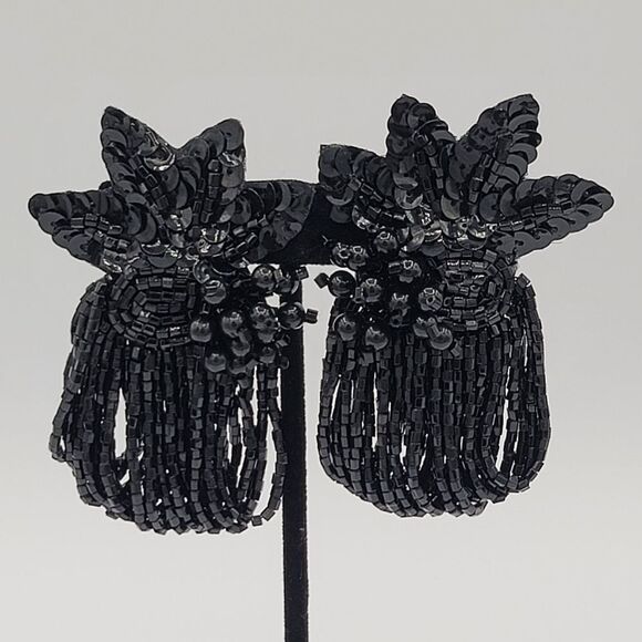 Vintage Earrings Handmade Black Floral Beaded Sequin Gatsby Earrings #452 - Picture 3 of 9